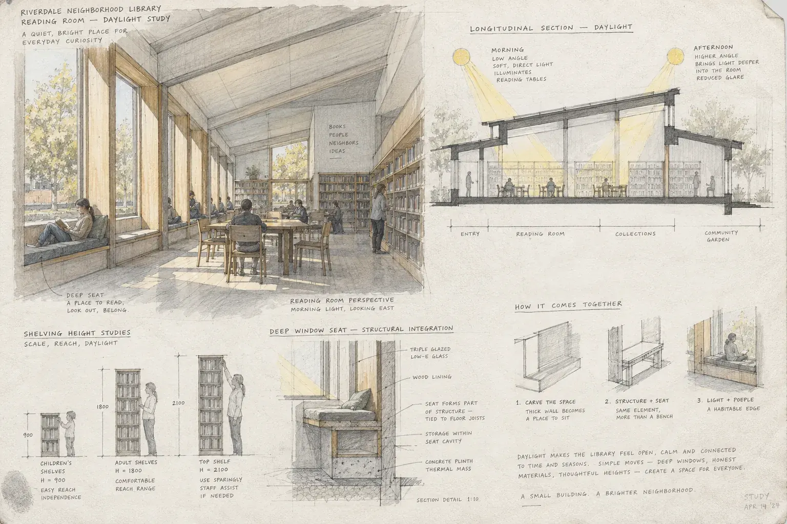 Library perspective, daylight section, and deep window-seat detail