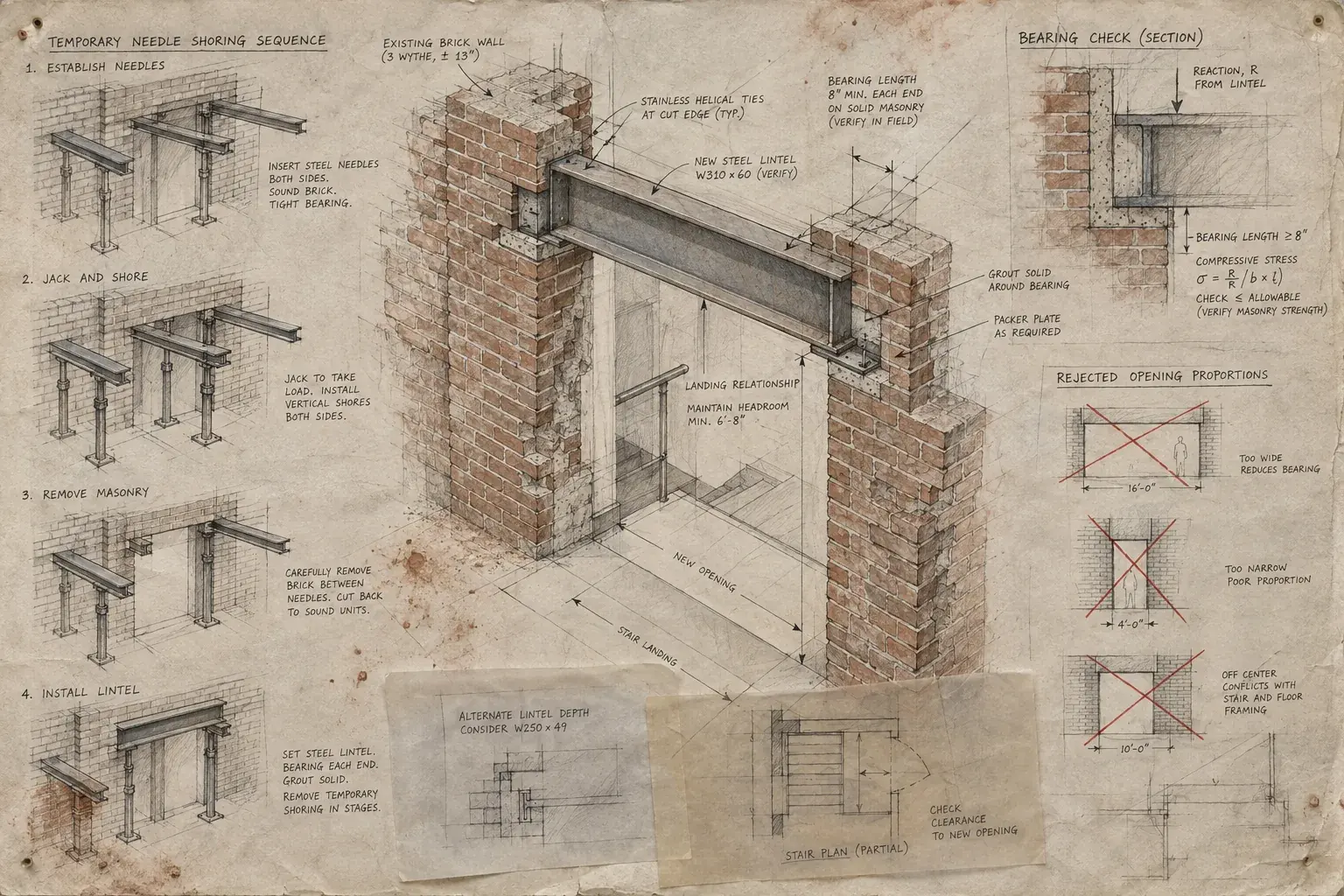 Brick opening, steel lintel, and temporary shoring sequence studies