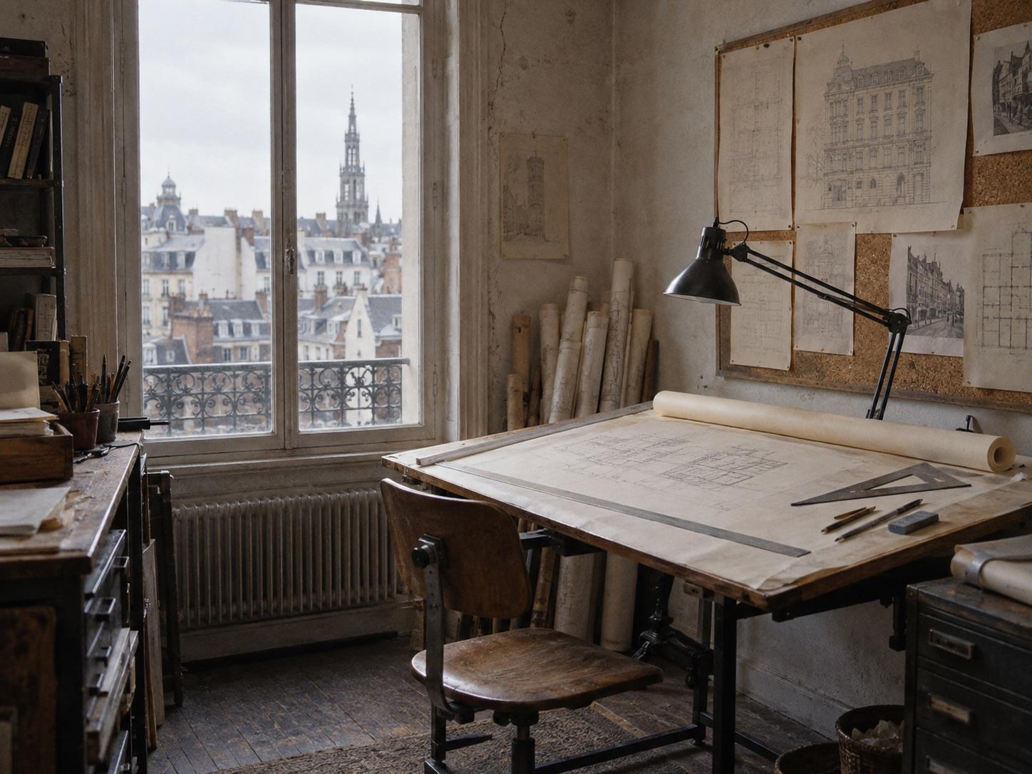 Unoccupied late-1980s architect workspace overlooking Brussels