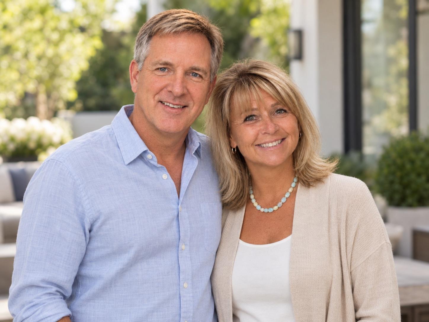 Kristofer and Gina standing together outside their home