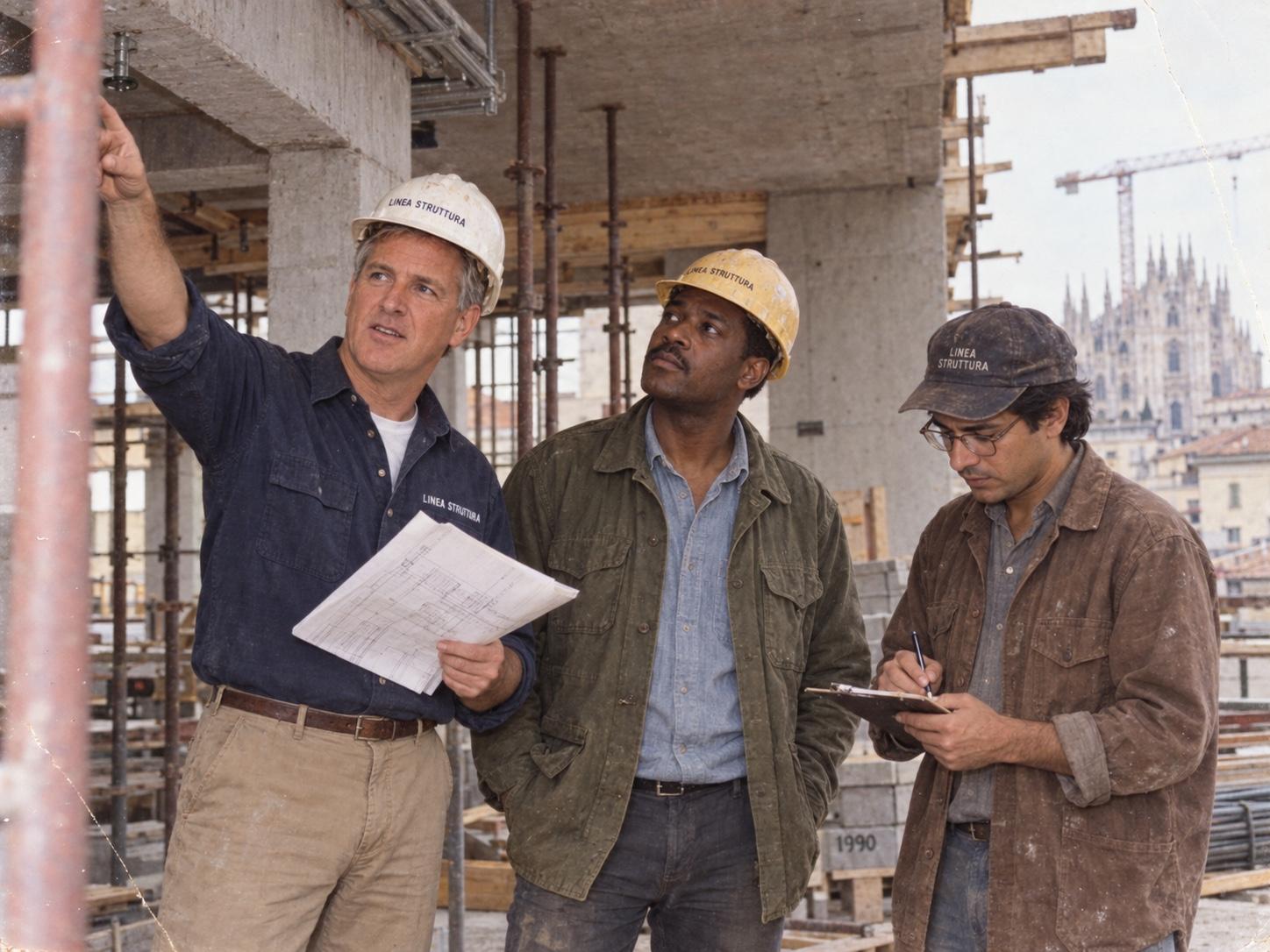 Kristofer Farentane, Enzo Rinaldi, and Luca Ferraro inspecting an unfinished building
