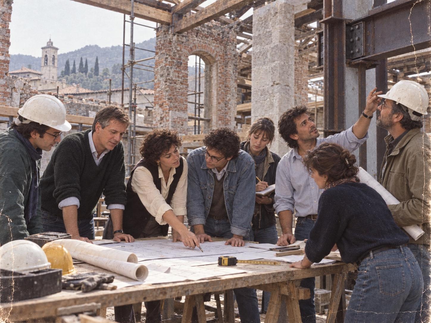 The Linea Struttura team reviewing drawings inside a historic building under renovation