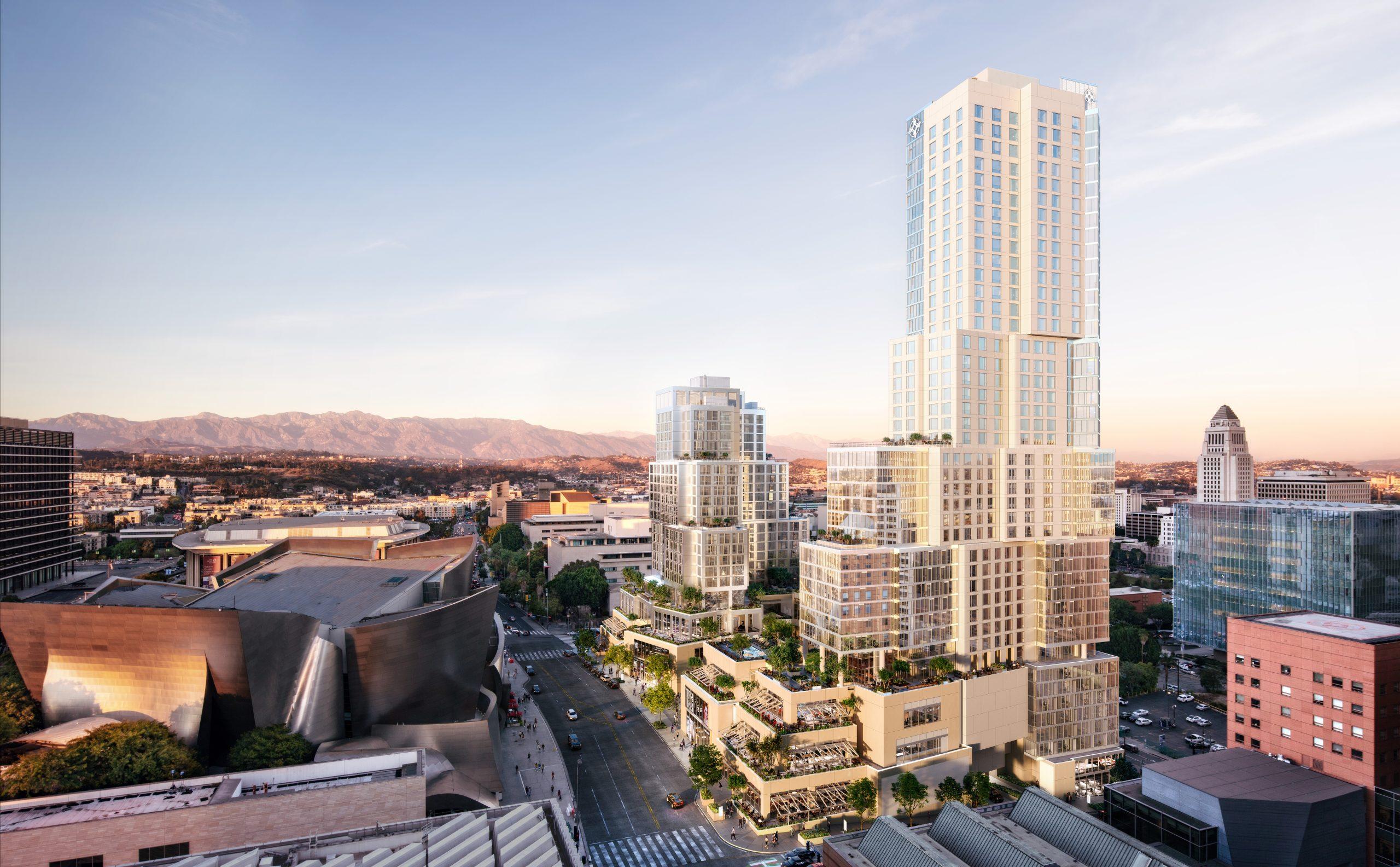 City district study with a tall mixed-use tower